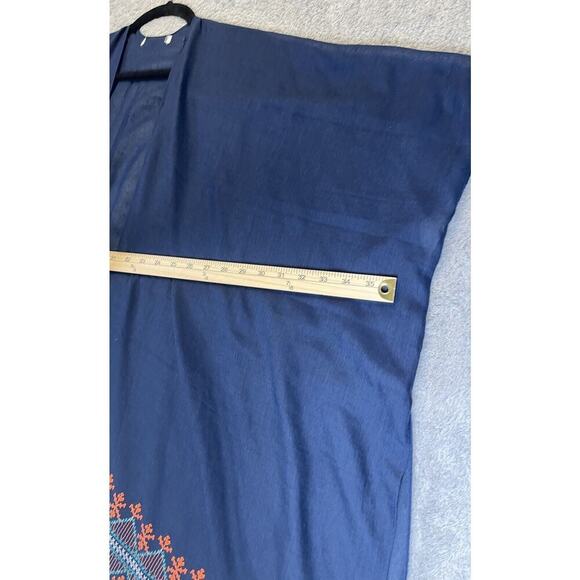 Womens Kimono One Size Blue Orange Embroidered Tackles Boho Art To Wear - Picture 5 of 9